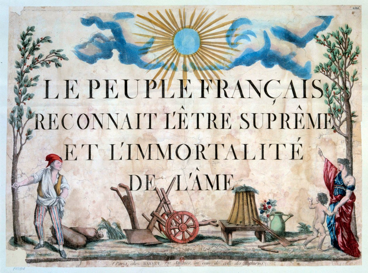 Franska revolutionen: "Det franska folket erkänner det högsta väsendet och själens odödliga." Un sans-panlotte, un arbre de la Liberte, des outils agricoles. 1794. Paris. Arsenals bibliotek av French School