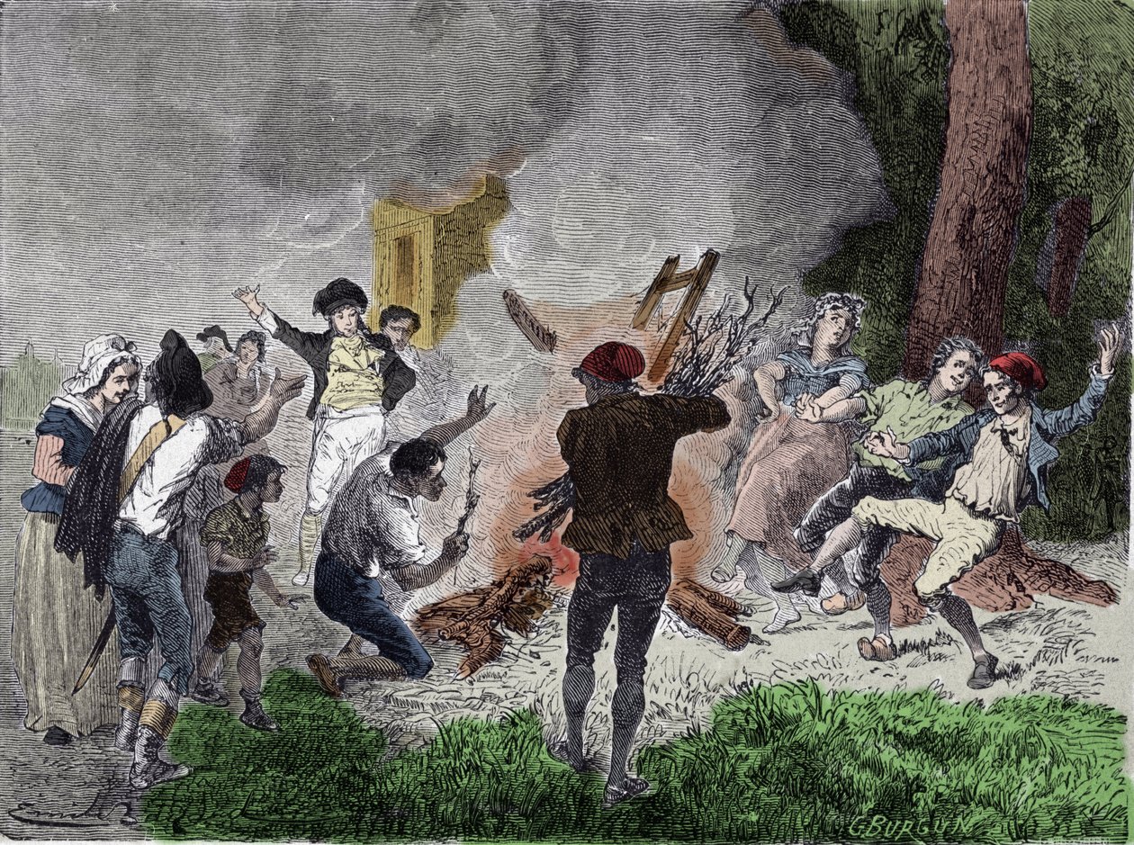 Franska revolutionen: "" Folket brände Claude Chappes telegraf, i parken Saint-Fargeau i Menilamount, i september 1792, och trodde att det var en anordning avsedd att kommunicera med kungafamiljen inlåst i templets fängelse"" "Gravering av French School
