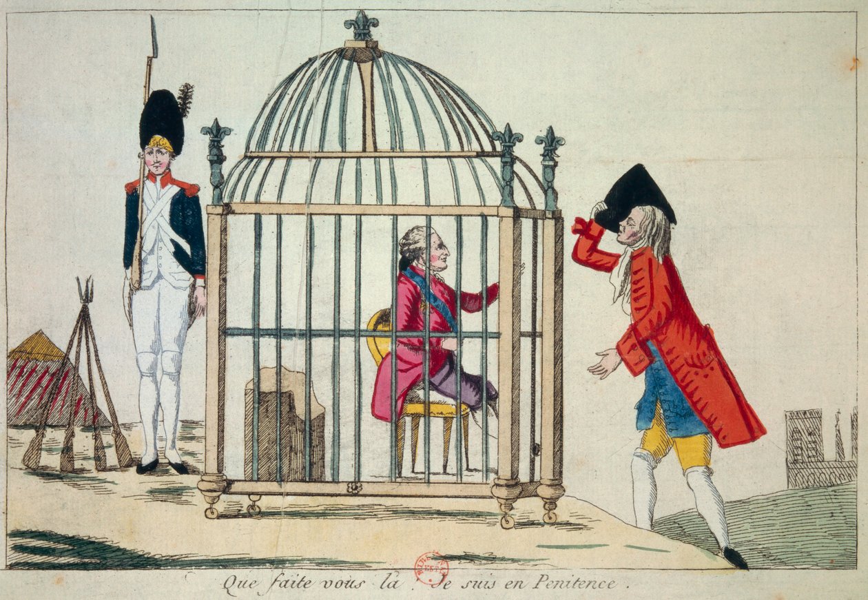 Franska revolutionen: "Vad gör du, jag är i ånger" representerar kung Ludvig XVI (1754-1793) i en bur på tröskeln till sin flygning till Varennes i juni 1791. Satirisk gravyr Paris, Library of the Arsenal av French School