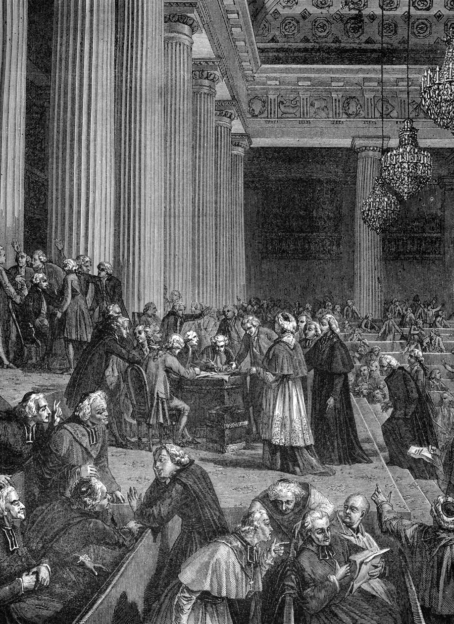 Franska revolutionen: avskaffande av privilegier vid nationalförsamlingen 1789 (gravyr) av French School