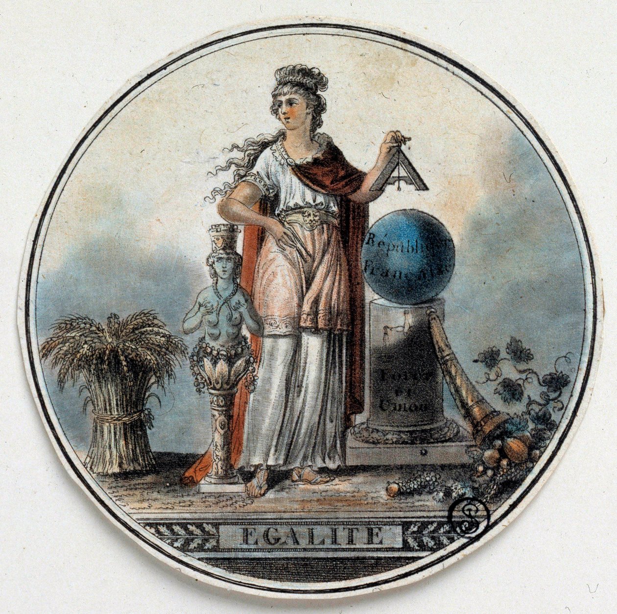 Franska revolutionen: allegori om Egalite som en kvinna som håller ett torg nära den franska republiken, ett horn av överflöd. Sent på 1700-talets Paris, B.N. av French School
