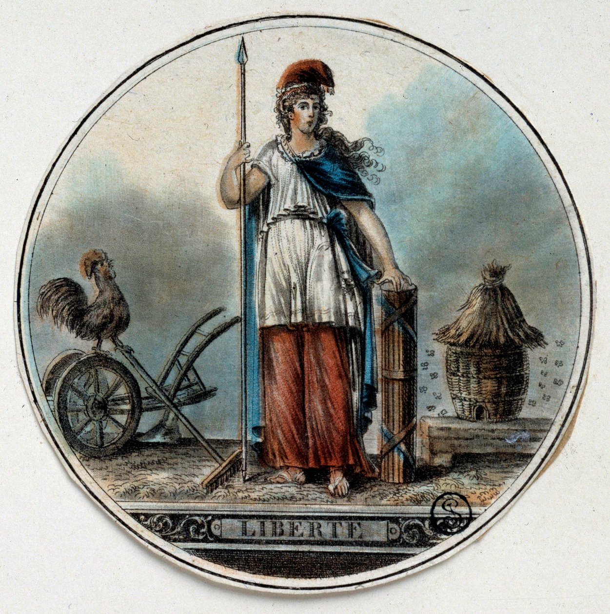 Franska revolutionen: allegori om Liberte som en kvinna nära en bikupa och en tupp. Sent av 1700-talets Paris, B.N. av French School