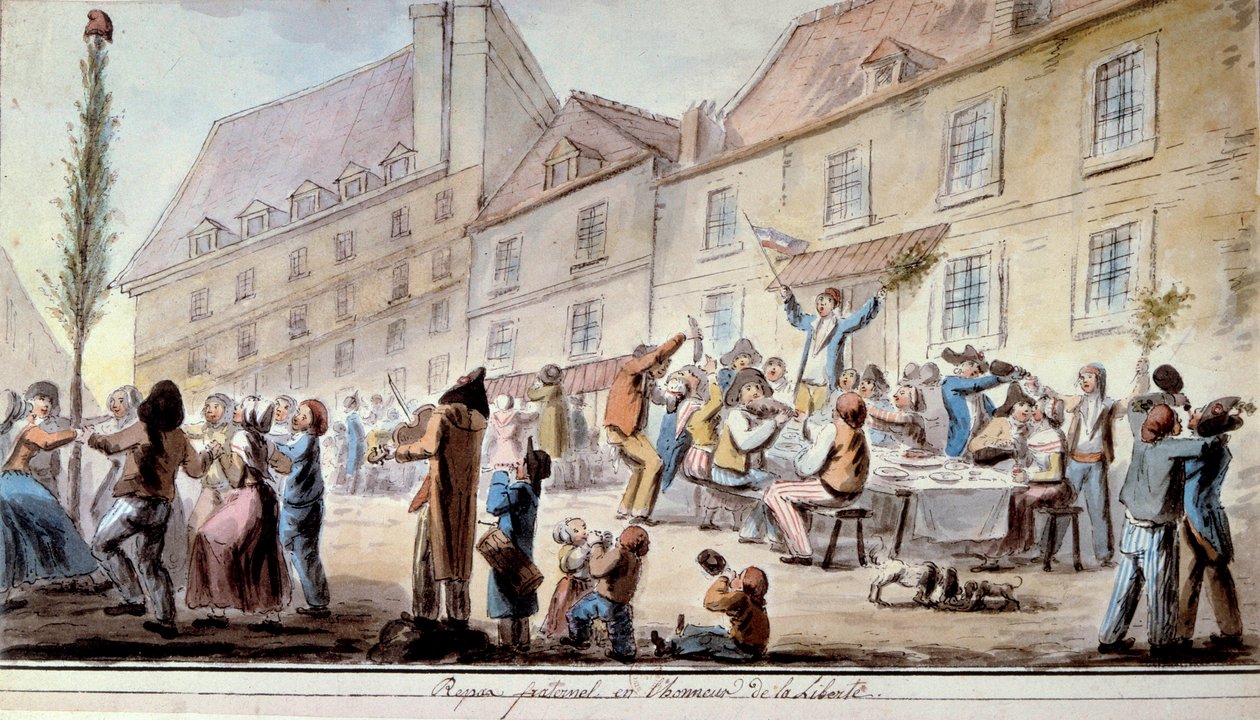 Franska revolutionen: brödramåltid till frihetens ära i juni 1793. Patrioter och parisare firar Liberte. Mottot "Liberte, egalite, broderskap"" dök upp för första gången under denna period. Akvarell från 1793. Paris, Arsenals bibliotek av French School