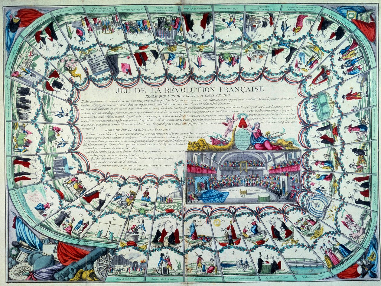 Franska revolutionen: gåslek som presenterar revolutionens stora skeden och en vy över nationalförsamlingen. Slutet av 1700-talet. Paris, B.N. av French School