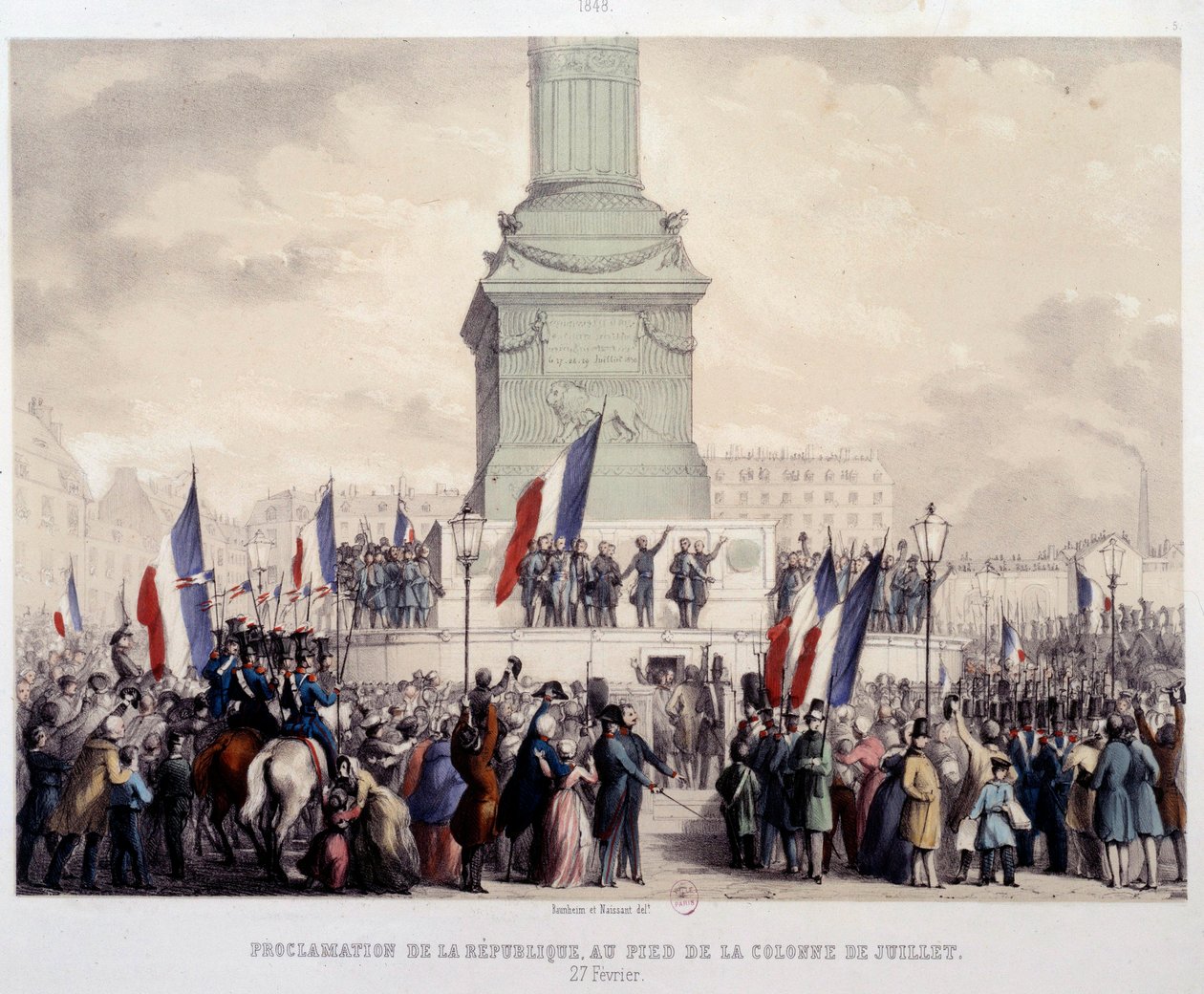 Franska revolutionen 1848: proklamation av den andra republiken vid foten av julipelaren på Place de la Bastille den 25/02/1848. Litografi från 1800-talet. Paris, Musee Carnavalet av French School