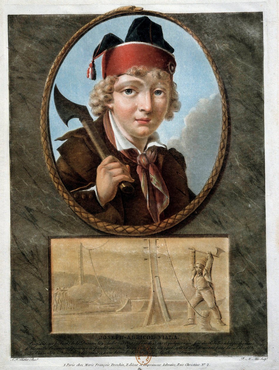 Franska revolutionen: porträtt av den unge Joseph Agricol Viala (1780-1793) som deltog i Marseille-upproret 1793. Han är representerad på nedervåningen när han skär kablarna till ponton de la Durance för att stoppa rojalisternas passage. 1700-talet av French School