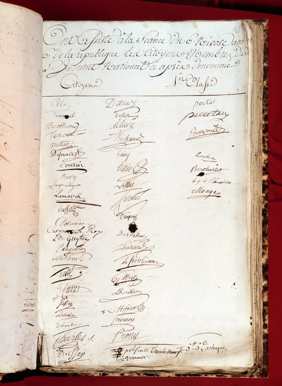 Franska revolutionen: ark med ett närvaroregister av 26/12/1797 (6 nivose år VI) med underskrifter från personer som deltog i ett nationellt institut. Paris, Vetenskapsakademin av French School