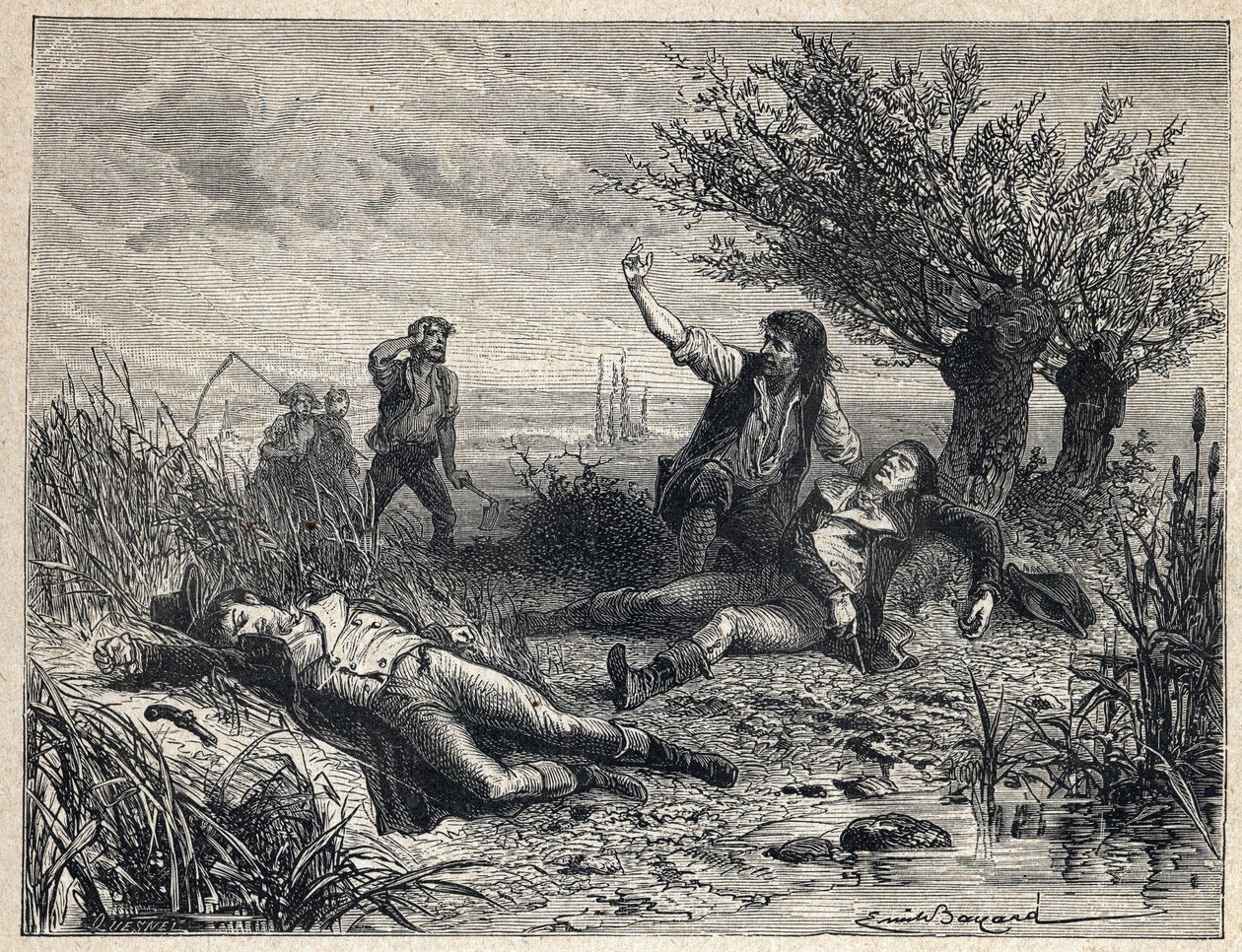 Franska revolutionen: självmord genom förgiftning av politikerna Francois Buzot (1760-1794) och Jerome Petion de Villeneuve (1759-1794) av French School