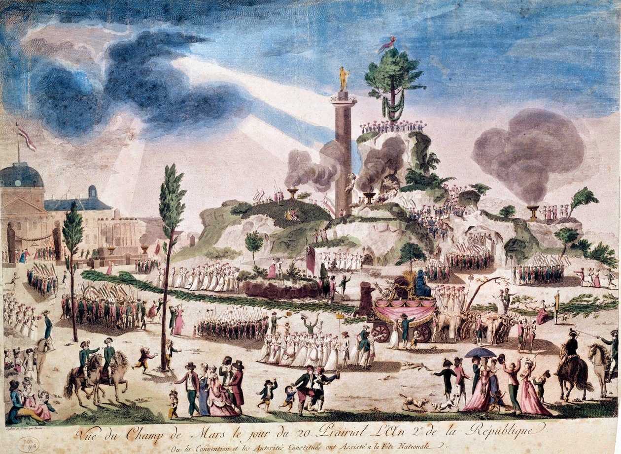 Franska revolutionen: Högsta väsendets fest på Champs de Mars den 8/06/1794 (20 Prairial An II). Anonym gravyr från 1700-talet. av French School