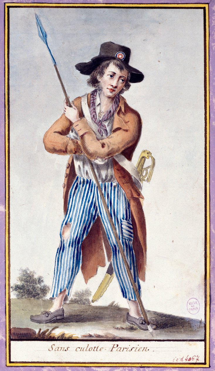 Franska revolutionen: parisaren utan trosor har spadarna. Anonymt tryck omkring 1789. Paris, Musee Carnavalet av French School