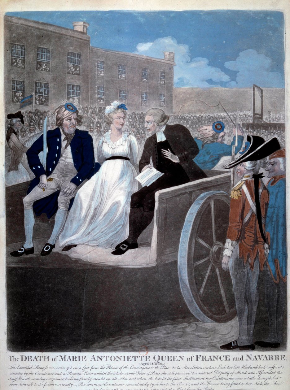 Franska revolutionen: "Frankrikes drottning Marie Antoinette (1755-1793) förs till giljotinen. Gravyr från 1793. Paris, Arsenalens bibliotek av French School
