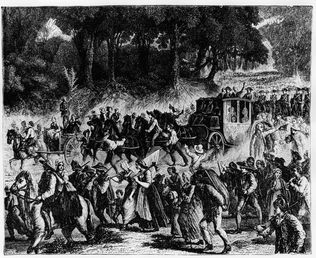Franska revolutionen: ankomsten av kungafamiljen (Louis XVI och Marie Antoinette) i Paris, 5 oktober 1789 - gravyr. av French School