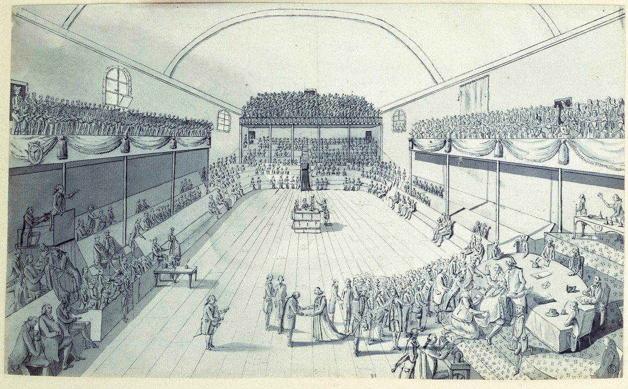 Franska revolutionen: födelsen av konstitutionen i september 1791 omsmält av Guy Jean-Baptiste Target (1733-1807) i rummet på Jeu de Paume i Versailles där deputerade hade avlagt en ed den 20/06/1789. Anonym teckning omkring 1791. Paris, Lou av French School