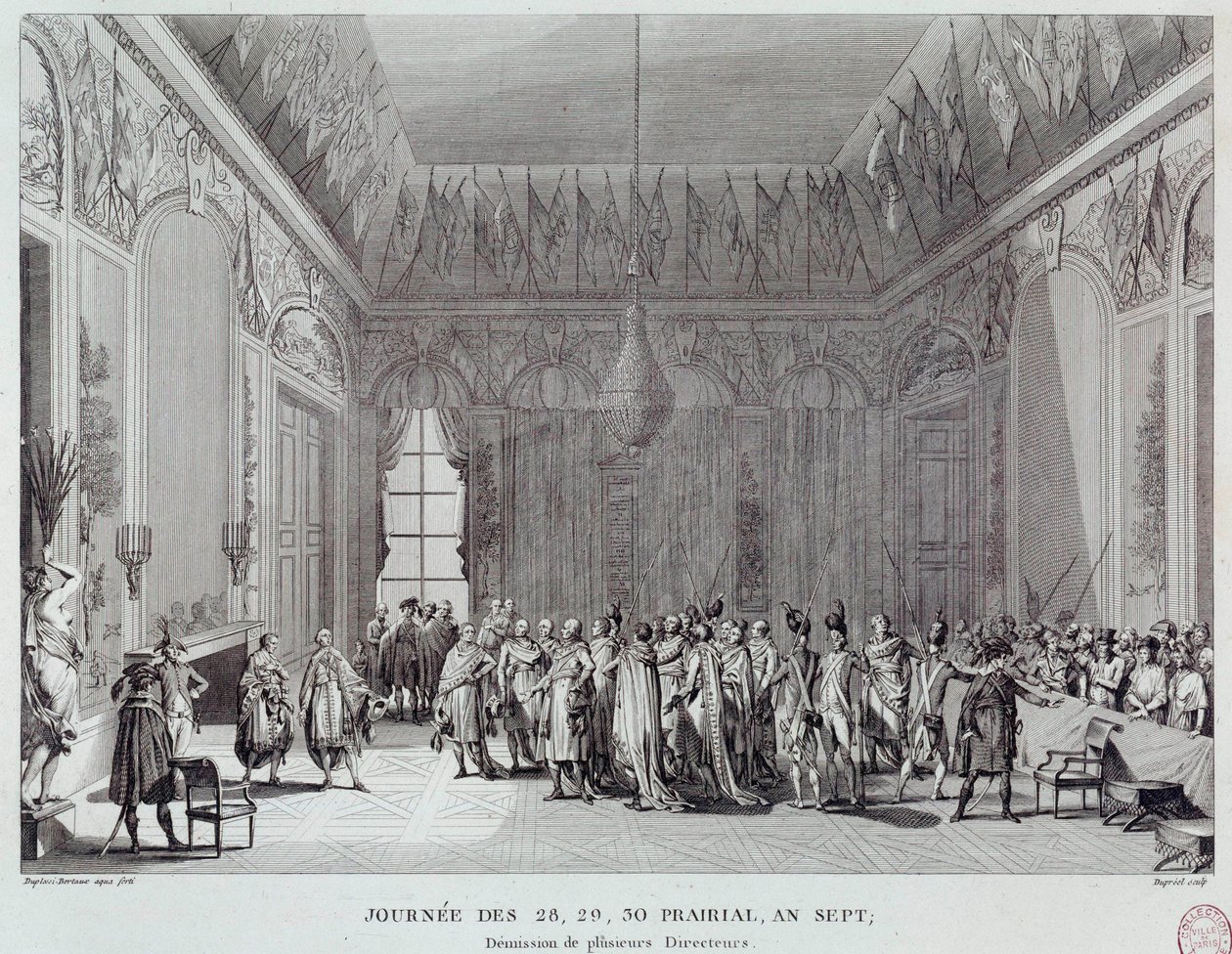 Franska revolutionen: dagarna 28, 29 och 30 år VII, som ledde, den 18/06/1799, till statskupp för Abbe Emmanuel-Joseph Sieyes (1748-1836) (eller rådens hämnd) och såg avskedandet av flera Thermidorianska regissörer. Gravyr o av French School