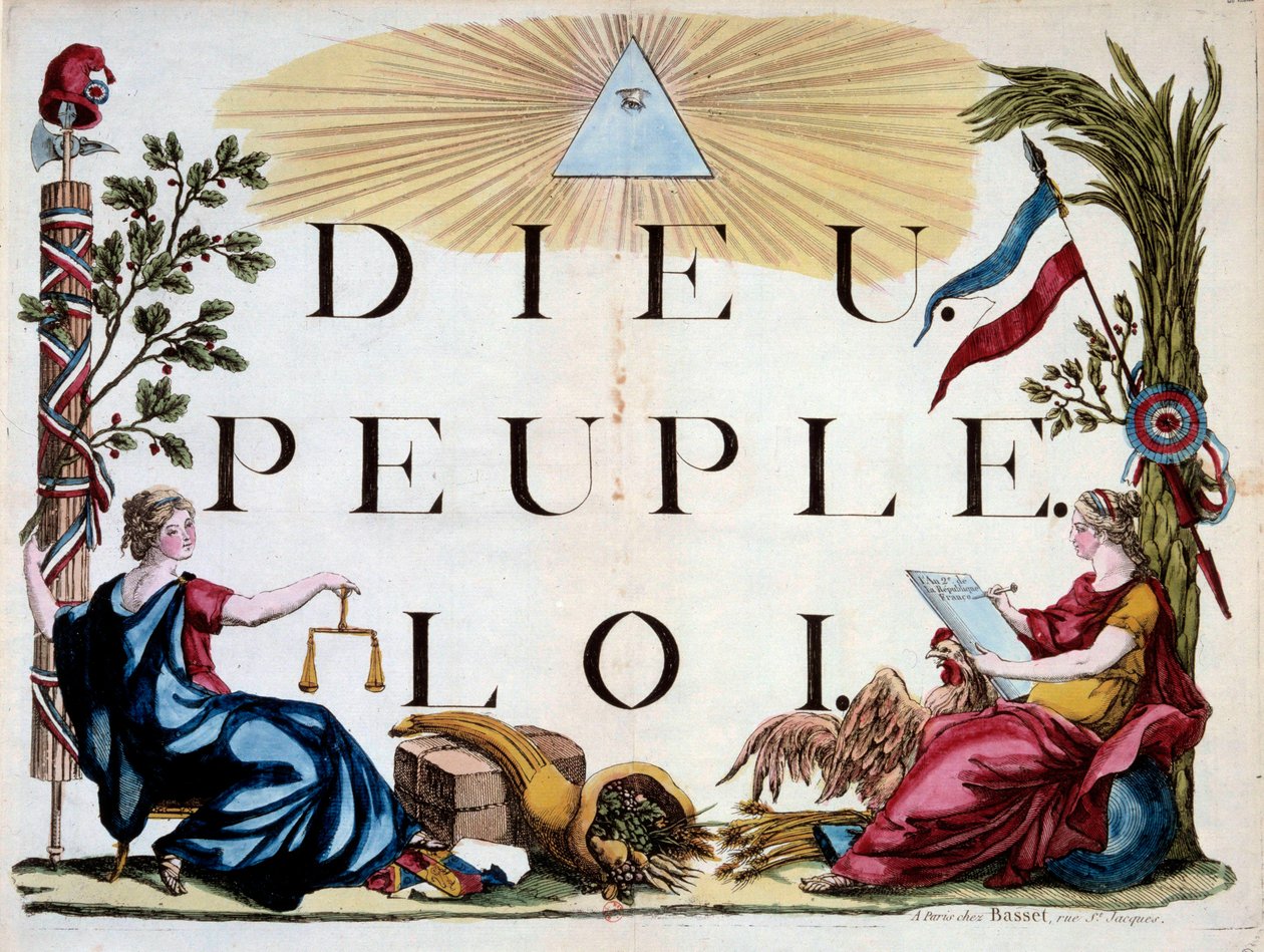 Franska revolutionen: den gudomliga triangeln som upplyser Gud, folket och lagen, Frankrikes allegorier, rättvisa, överflöd och republiken. Gravyr från 1794. Paris, Arsenals bibliotek av French School