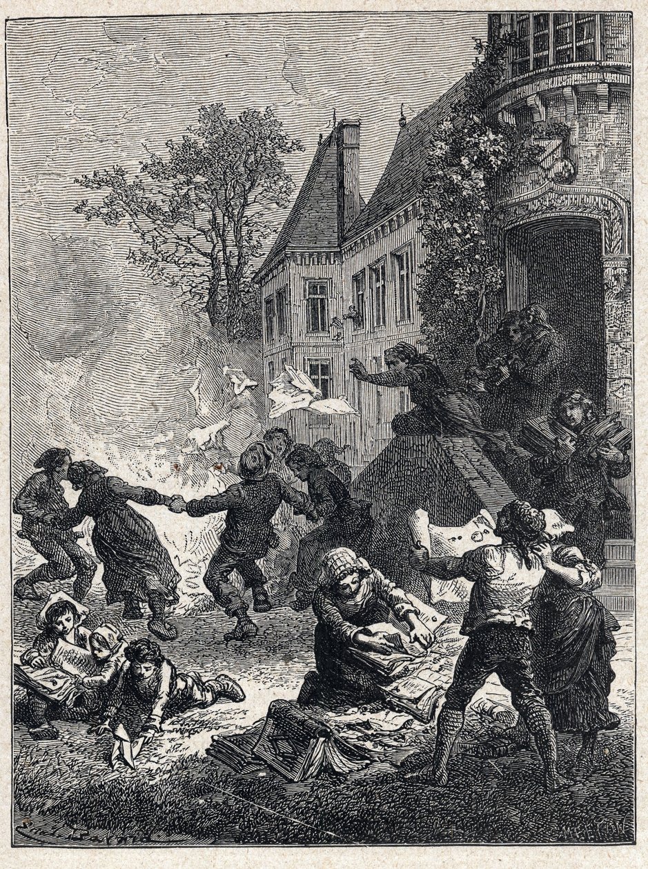 Franska revolutionen: bönderna brände sina feodala titlar och dansade runt elden för att fira avskaffandet av privilegier i augusti 1789. Gravyr från 1889. Privat samling. av French School