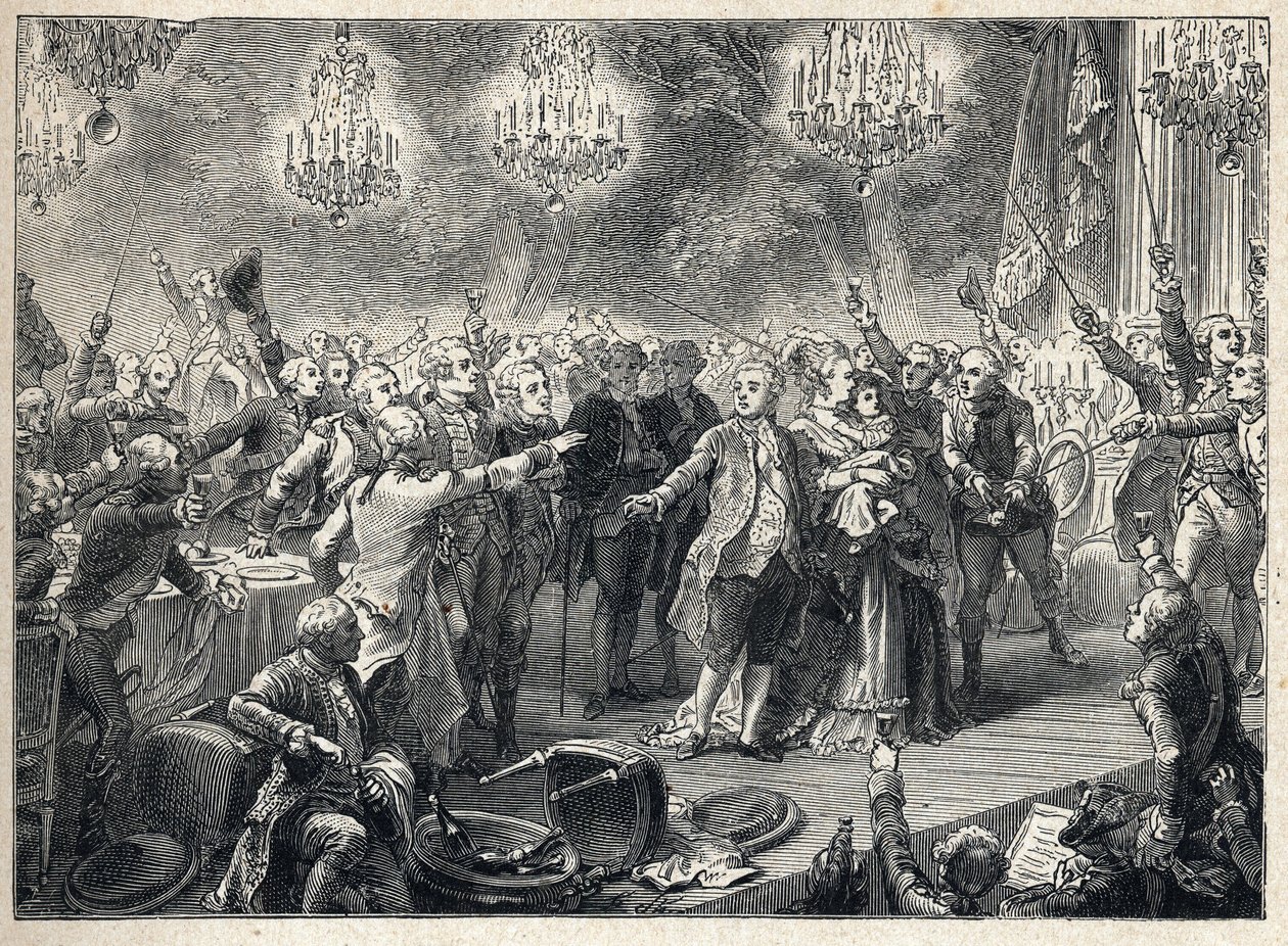 Franska revolutionen: rojalisterna svär lojalitet till monarkin i närvaro av kung Ludvig XVI (1754-1793) av drottning Marie Antoinette (1755-1793) och delfinen vid livvakternas bankett som organiserades den 1 oktober 1789 i Orangerie de Versailles - av French School