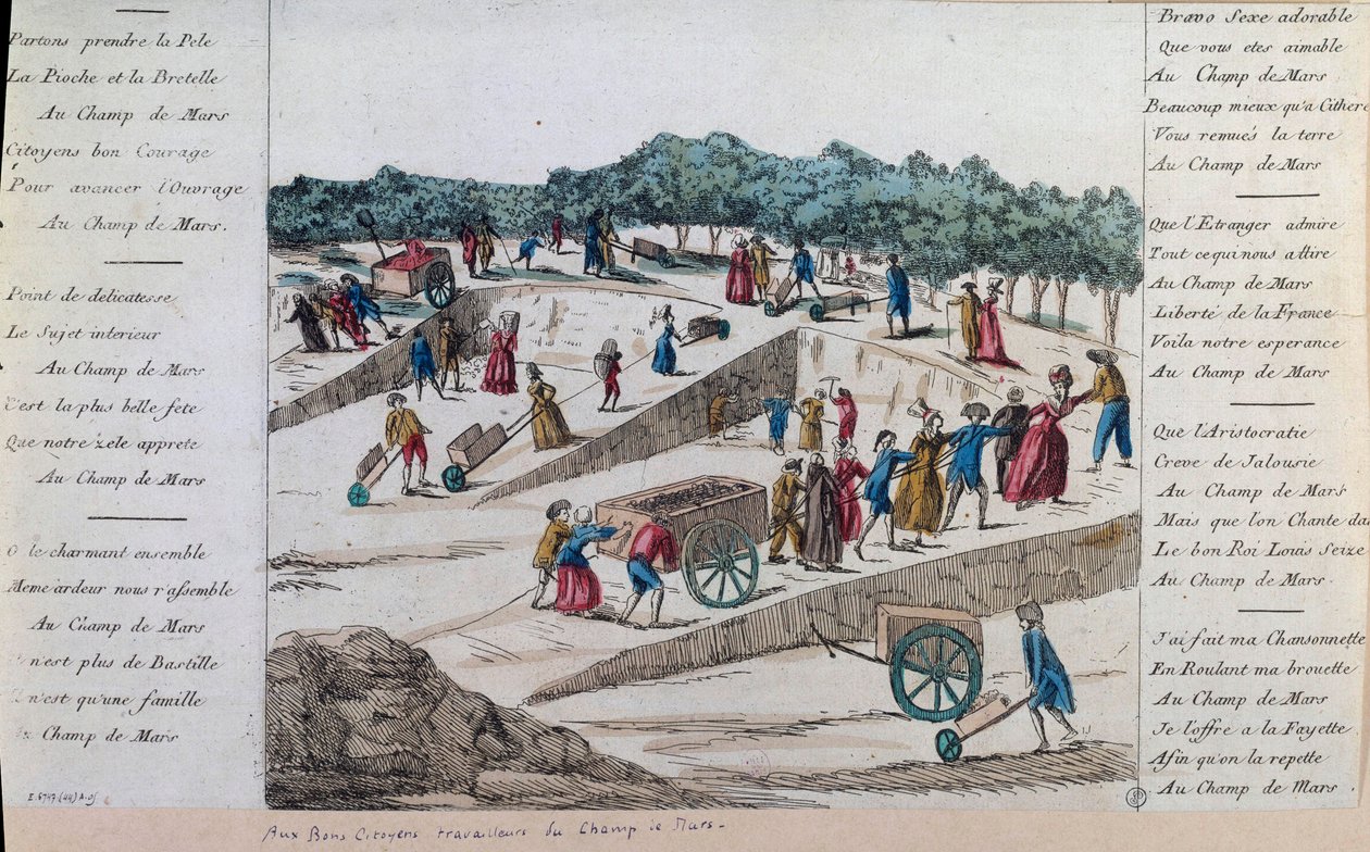 Franska revolutionen: arbetarna på Champs de Mars 1789 i Paris. Paris, Musee Carnavalet av French School