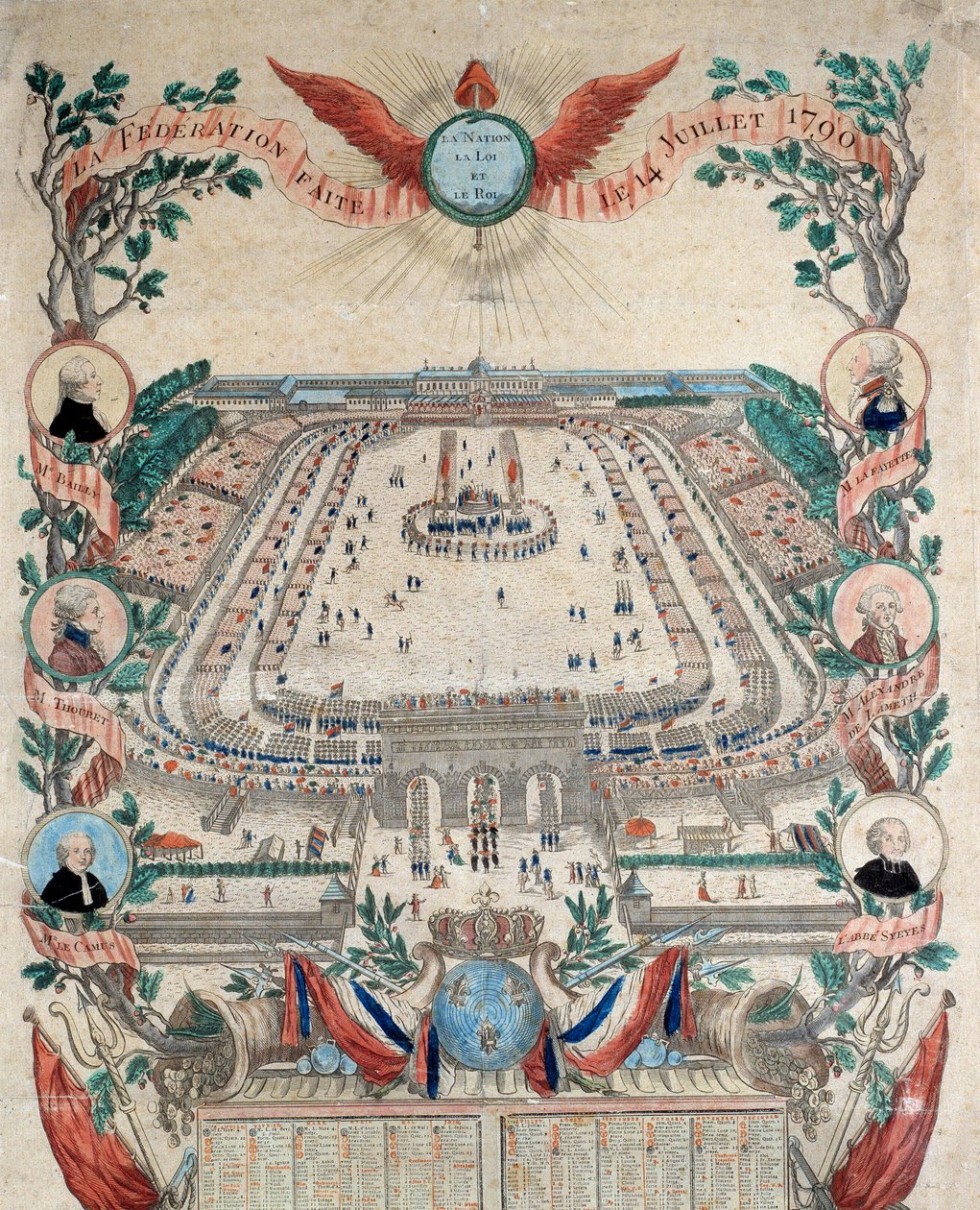 Franska revolutionen: vy över den nationella federationens högtid den 14/07/1790 på Champs de Mars. Gravyr från 1790. Paris, Nationalarkivet av French School