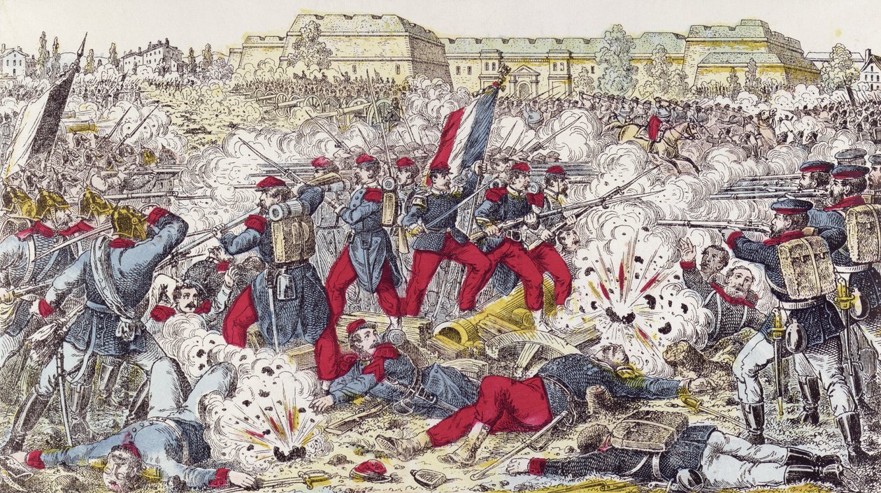 Franska trupper omringade av den preussiska armén vid slaget vid Sedan, 31 augusti 1870 av French School