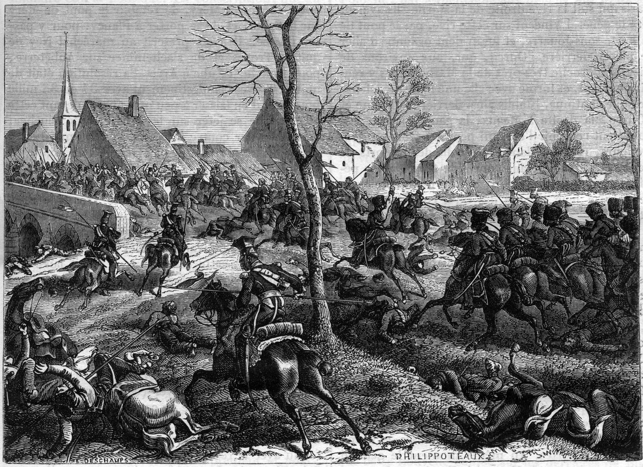 Franska och polska trupper erövrar bron över Berryau-Bac (Aisne), mars 1814 - Campagne de France (1814) - General Nansouty, med gardets kavalleri och general Pacs polacker, tar bron över Berryau Bac - i " Historia om imperiet efter av French School