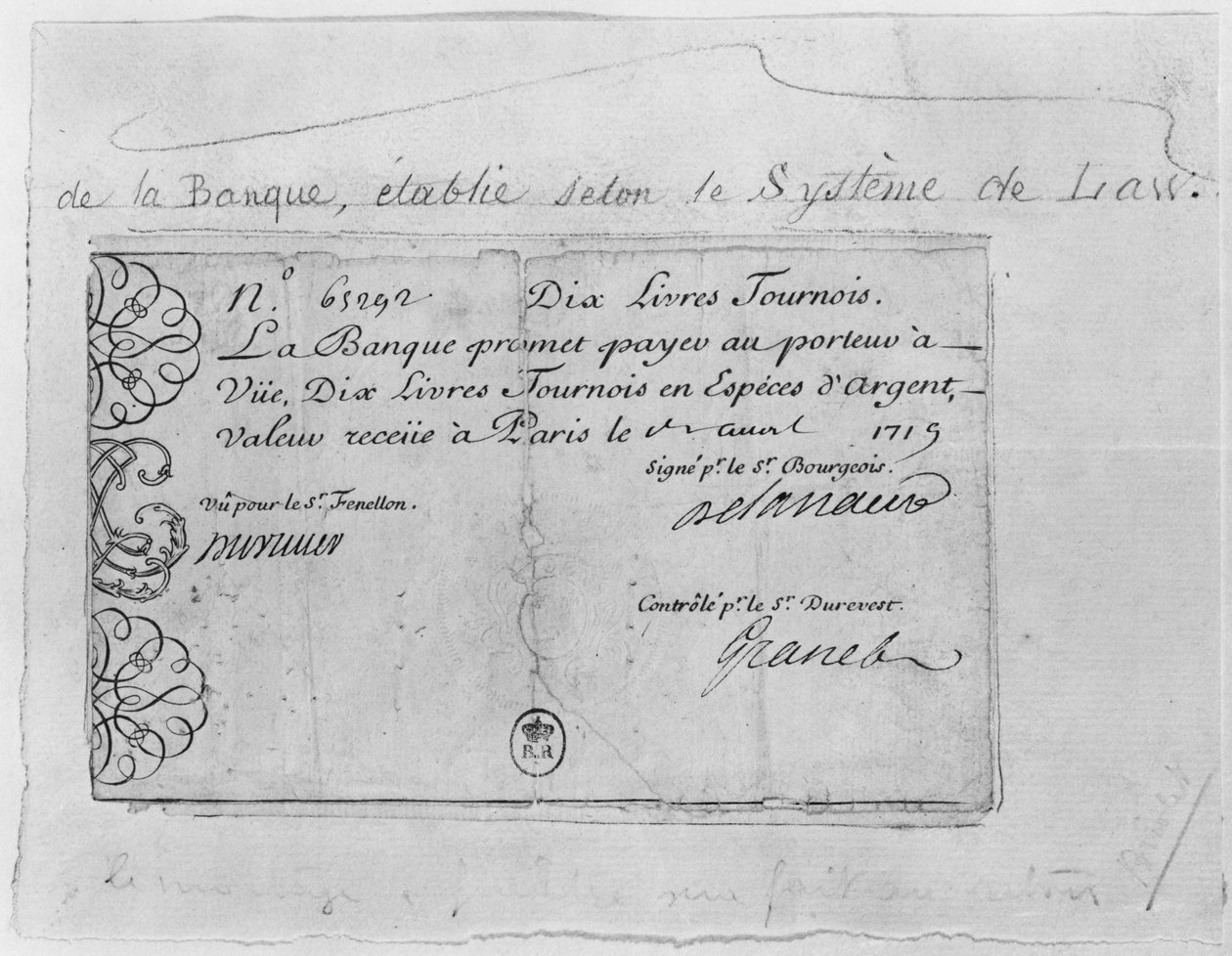 Fransk sedel för tio pund från Law Bank, daterad 1 april 1719 av French School