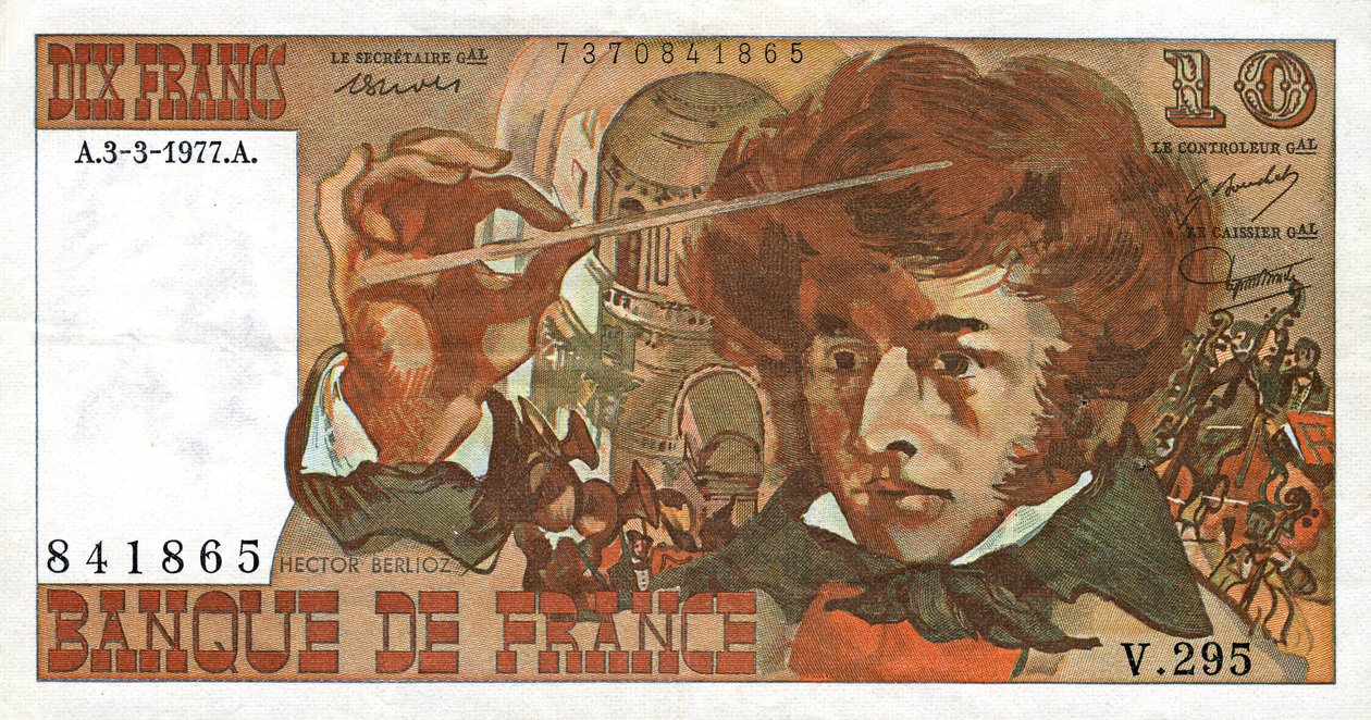 Fransk sedel med bilden av den franske kompositören Hector Berlioz av French School