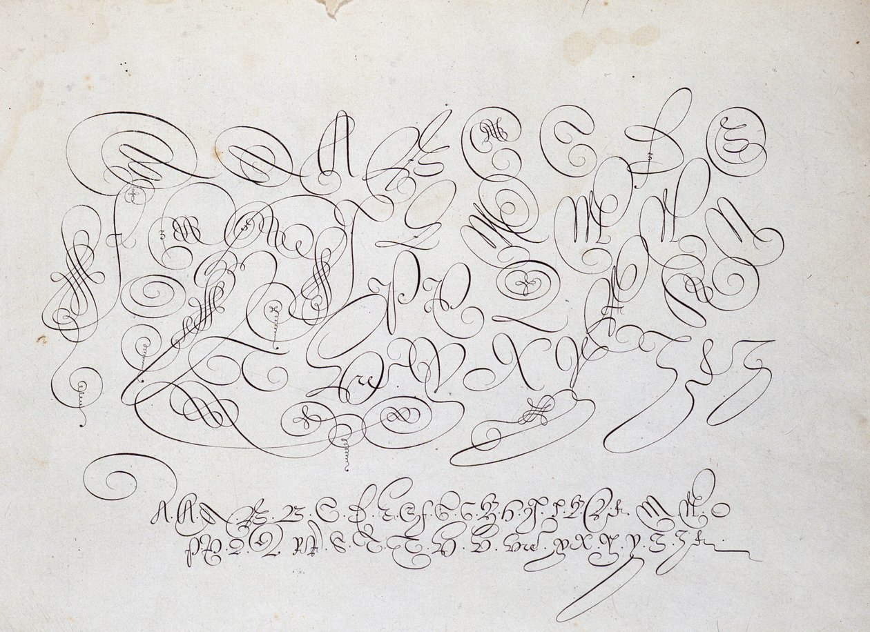 Fransk kalligrafi: Plåt av kapital, gravyr av Frisius, kungens kalkograf av Robert Vignon i skriftträdgården omkring 1600. av French School