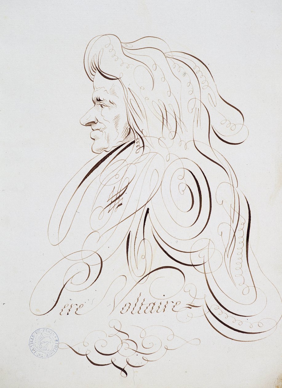 Fransk kalligrafi: Porträtt av Fader Voltaire av Bernard de Paris omkring 1780. Historiskt bibliotek i staden Paris. av French School