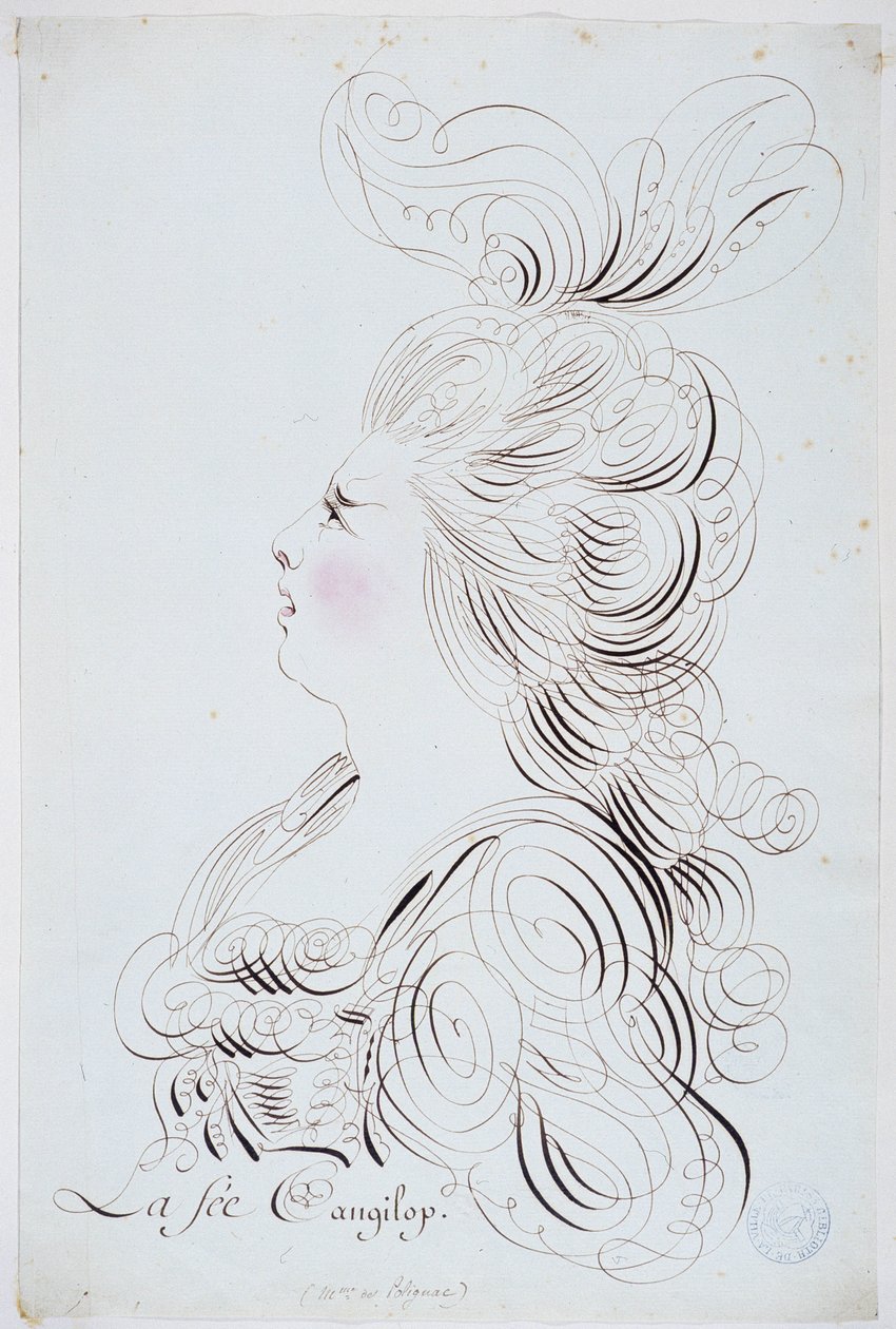 Fransk kalligrafi: Porträtt av prinsessan av Polignac i ansiktet förstärkt med akvarell av Bernard de Paris omkring 1780. Historiskt bibliotek i staden Paris. av French School