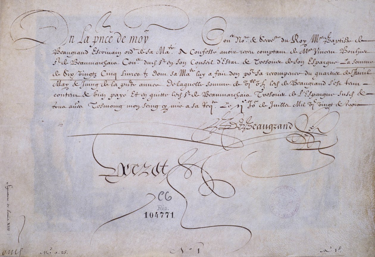 Fransk kalligrafi: Recu till förmån för Bernard de Beaugrand levererar den 2 juli 1623. Historiskt bibliotek i staden Paris. av French School