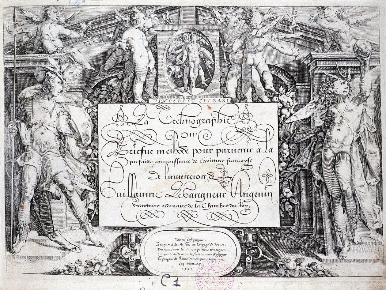 Fransk kalligrafi: Technography, frontispice av Guillaume the Gangneur omkring 1599. Historiskt bibliotek i staden Paris. av French School