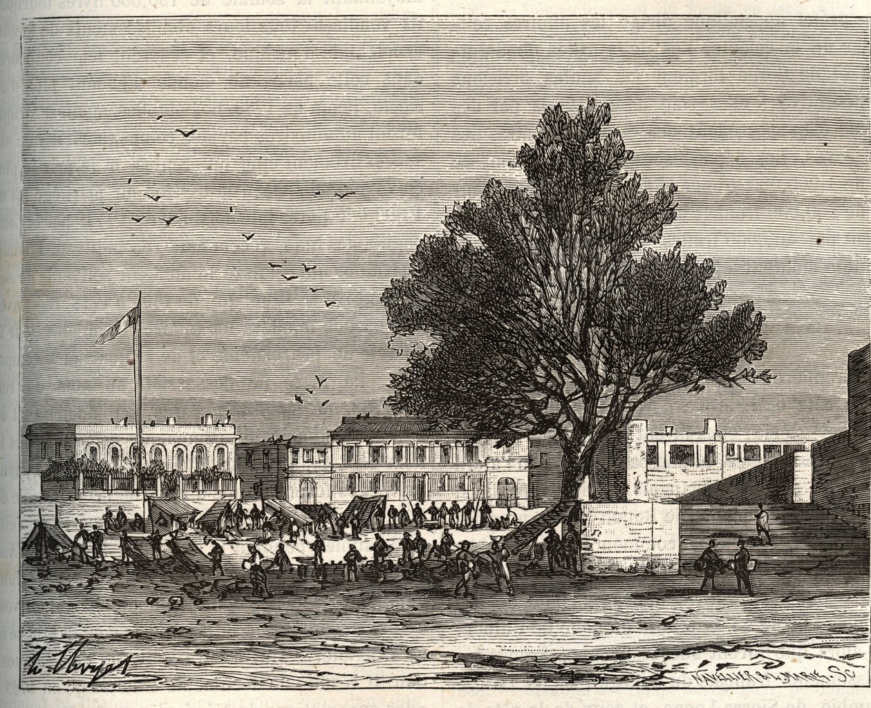 Franska kolonier i afrika - Place du gouvernement a Goree - gravyr i "La France illustree: geografi, historia, statistisk administration" av V.A. Malt-brunt. 1884 av French School