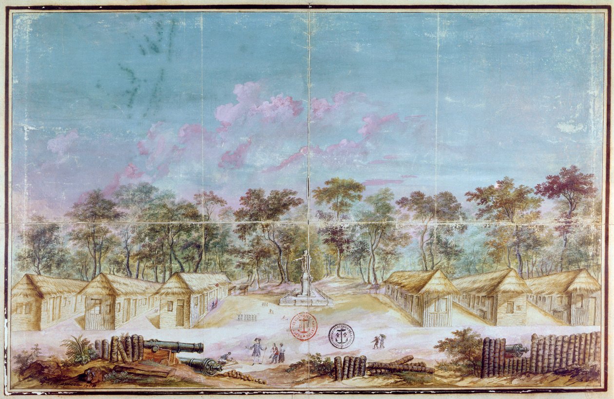 Franska kolonister bosatte sig på stranden i Kourou, Guyana 1763 (wc på papper) av French School