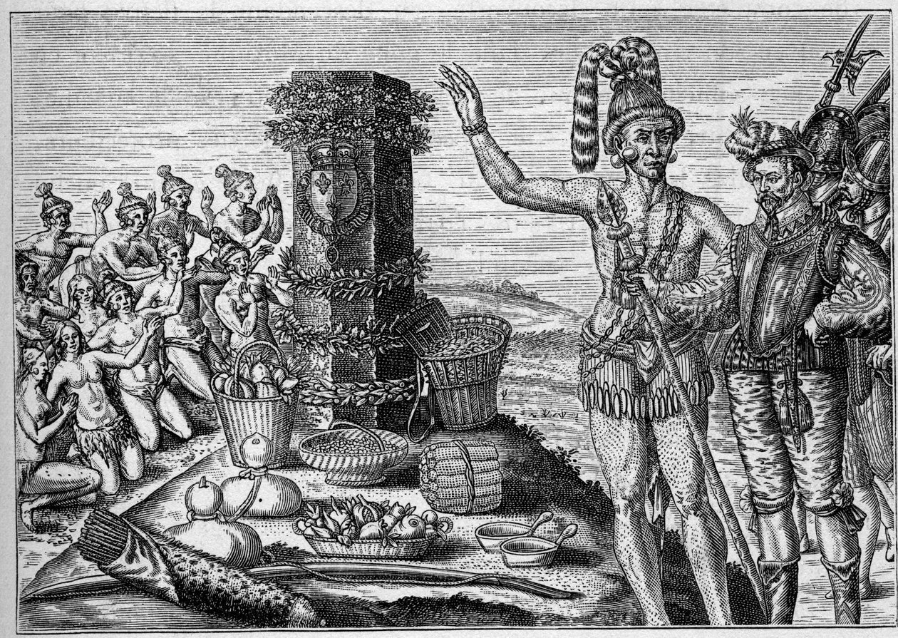 Fransk koloni i Amerika: Floridianerna älskar jubileumskolonnen erigee av Rene de Laudonniere till minne av de spanska attackerna på de franska protestantiska kolonierna 1564. Från en gravyr från 1500-talet. I "La Marine et les colonies: handel" av French School