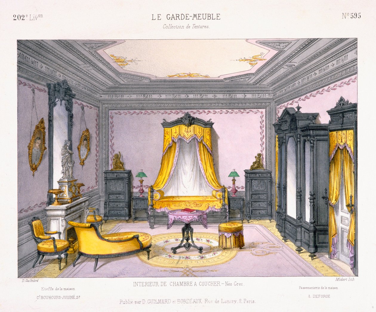 Fransk design för en interiör av ett sovrum i nygrekisk stil från Le Garde-Meuble mönsterbok, publicerad av D Guillard, Paris av French School