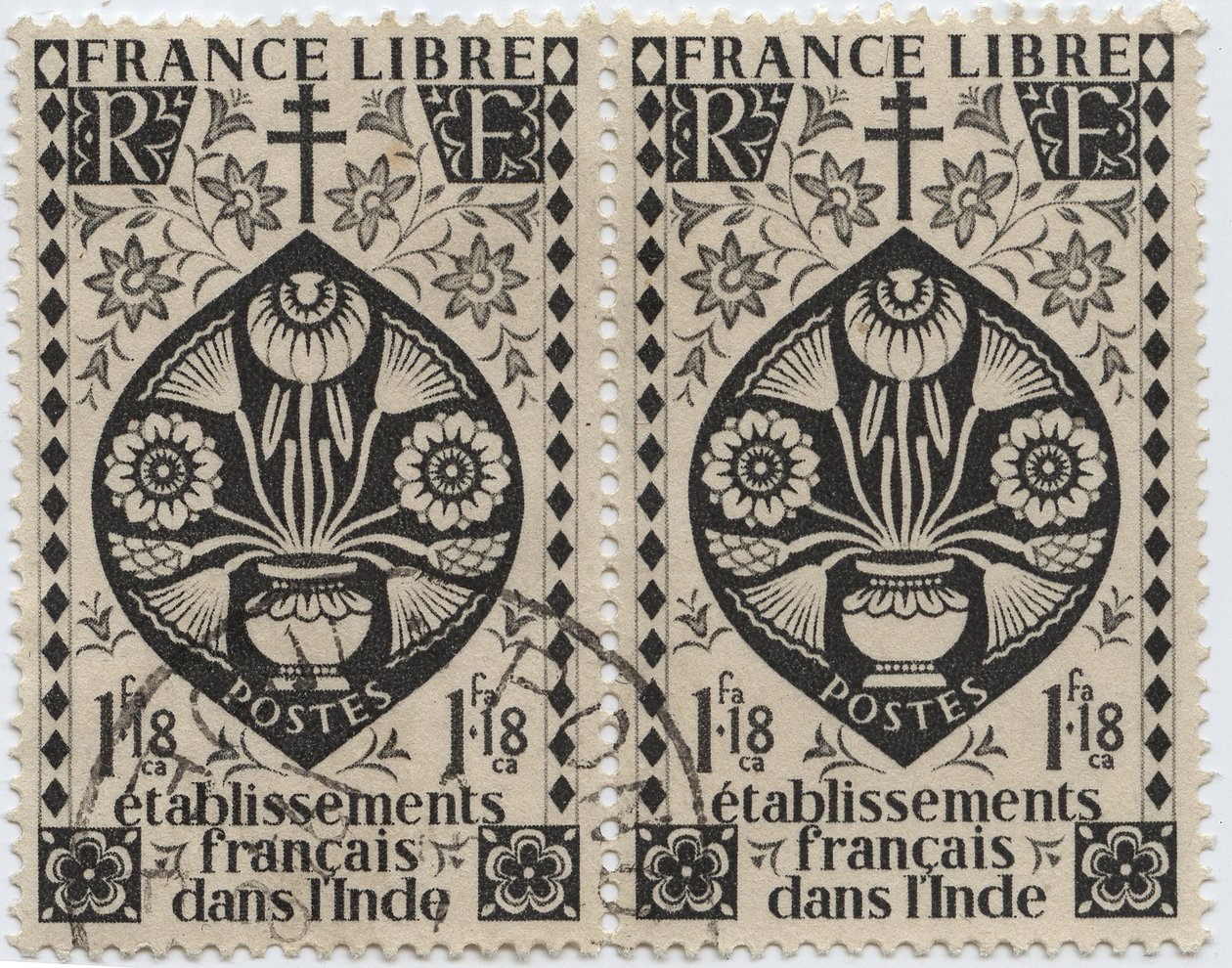 Franska anläggningar i Indien - FRANKRIKE LIBRE och Korset av Lorraine - Frimärke 1942 av French School