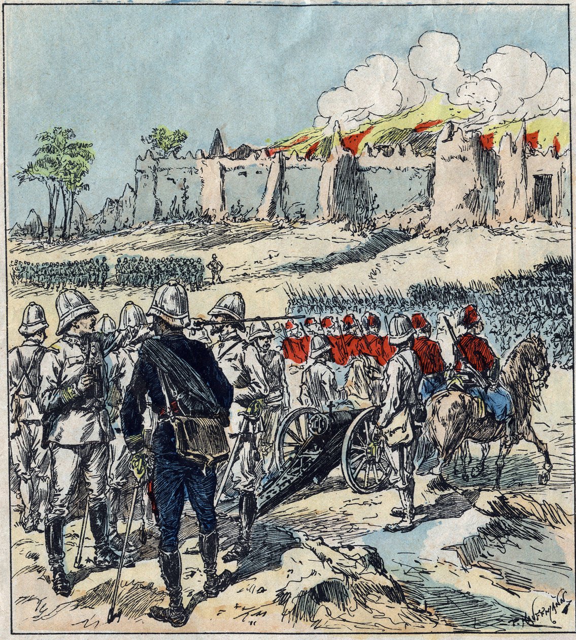 Fransk expedition till Dahomey (dagens Benin). General Dodds bildar sina attackkolonner före Abomey av French School