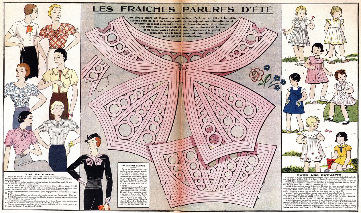 Franskt mode för sommaren 1934: feminint mode (blusar) och barnsligt mode (klänningar och dräkter). I "Le petit echo de la mode" av French School
