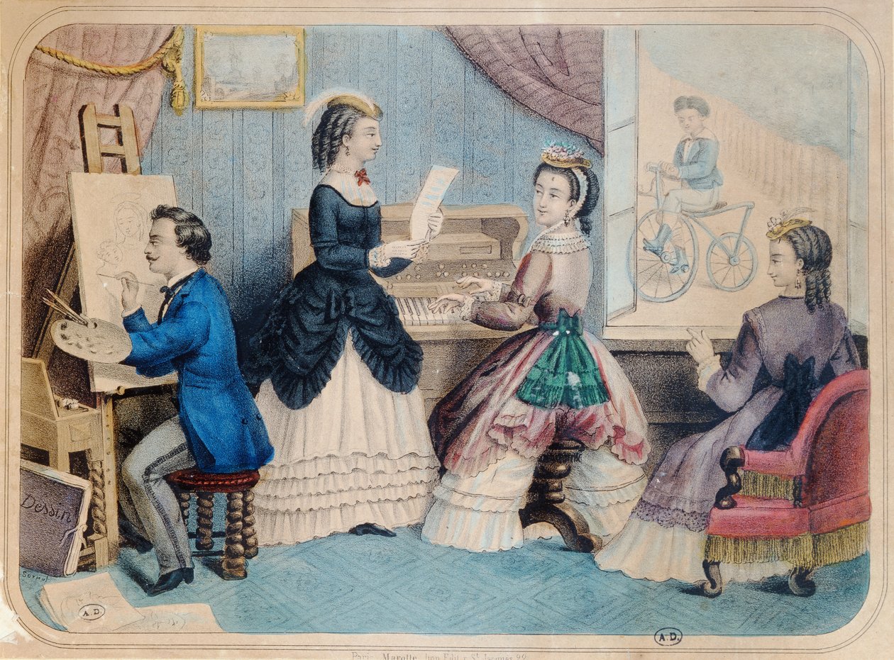 Fransk modeskylt som visar konstnärliga aktiviteter, 1867 av French School