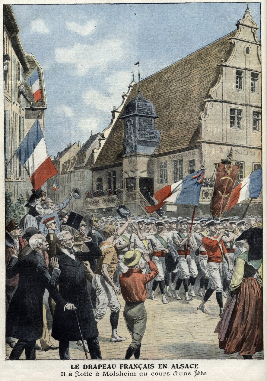 Franska flaggan svävar igen på gatorna i Molsheim, Alsace, under sportmässan i "Le Petit Journal" den 4 juli av French School