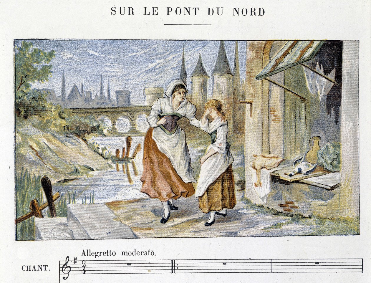 Fransk folk- och traditionell sång: "" Sur le pont du Nord"", n.d. av French School