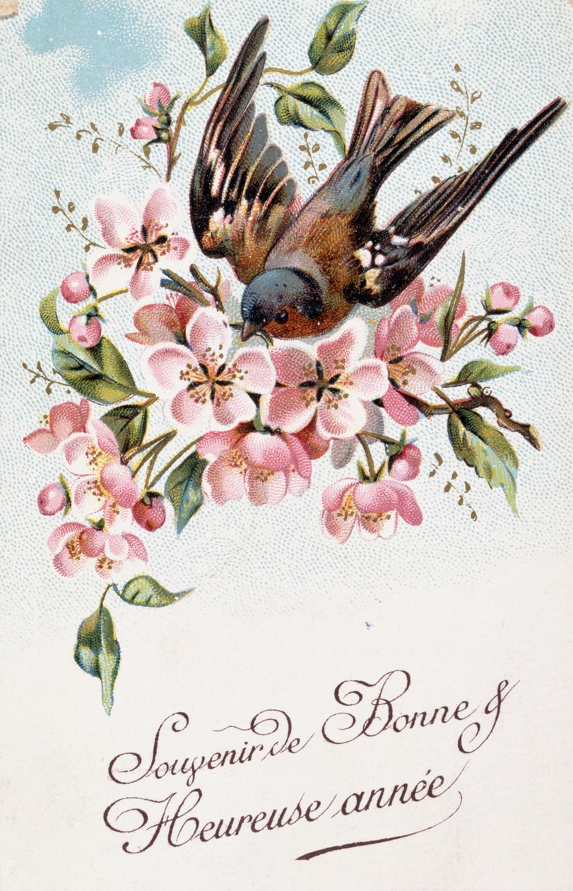 Franskt nyårsvykort med blommor och en fågel av French School