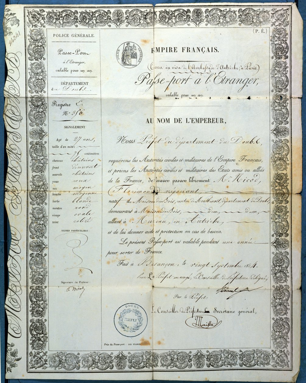 Franskt pass, från Besançon, 20 september 1854 av French School