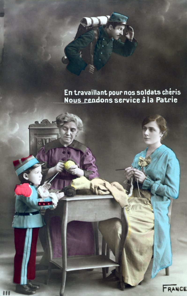Fransk patriotiskt vykort som visar kvinnors roll under första världskriget 1914-18, 1915 av French School