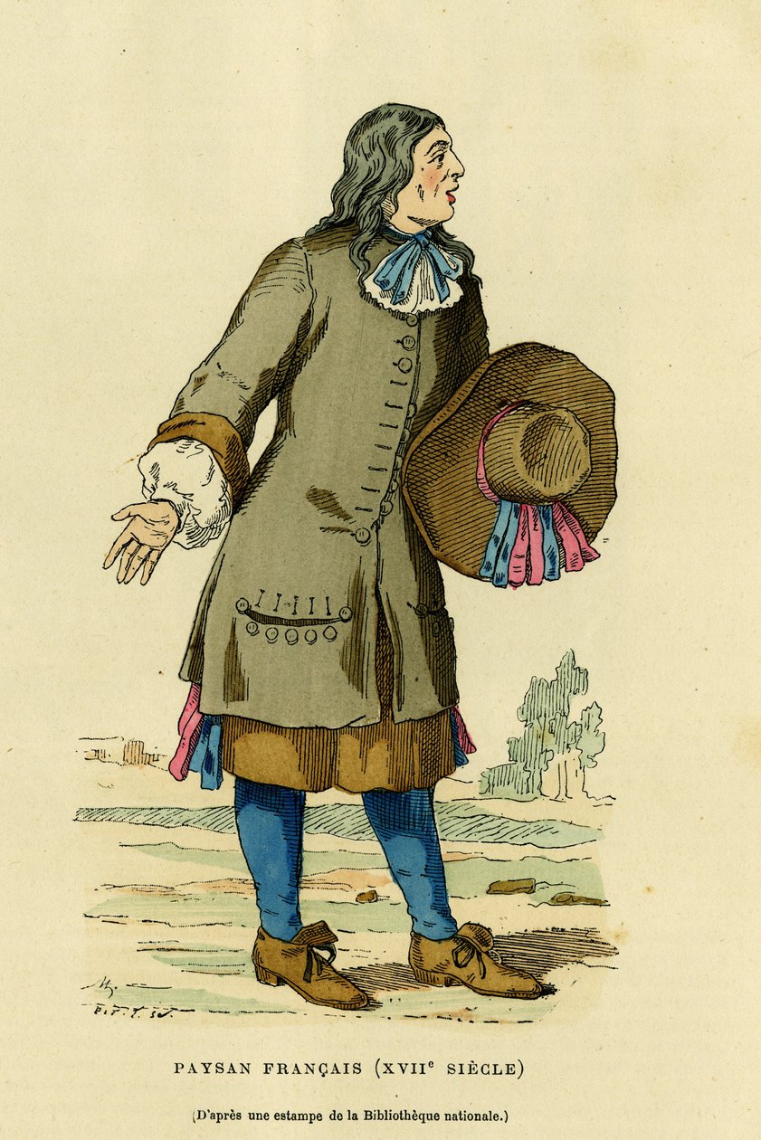 Fransk bondedräkt på 1700-talet. Gravyr i färg efter ett tryck av nationalbibliotheque, i "France et les francais a travers les centuries" av Augustin Challamel, F.Roy redaktör, Paris 1882. Selva Collection. av French School