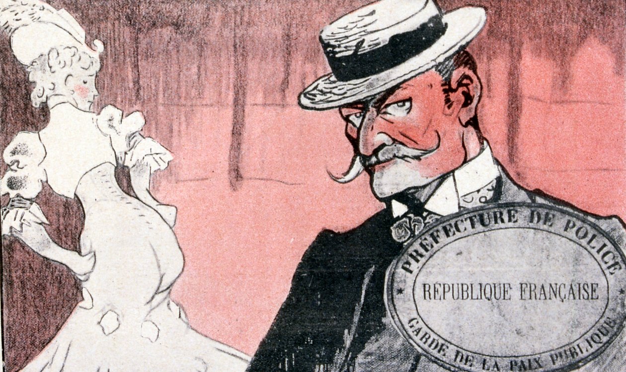 Fransk polis undersöker en prostituerad innan hon arresterades. 1800-talets Frankrike. Fransk illustration 1890 av French School