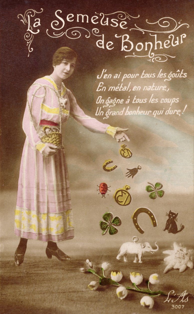 Franskt vykort föreställande La Semeuse de Bonheur (Lyckans sår), 29 mars 1914 av French School