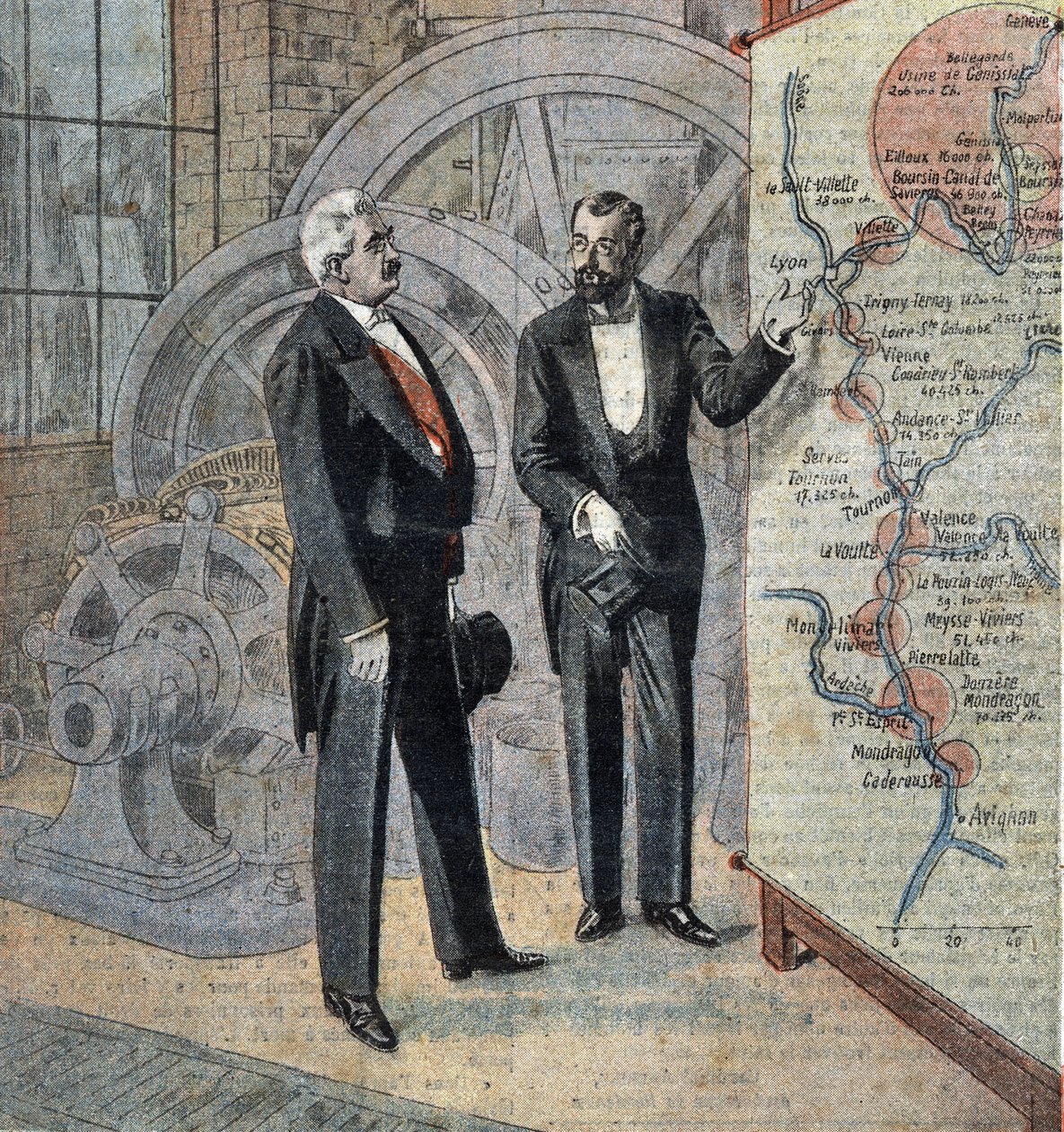 Frankrikes president Millerand och ingenjören som planerar byggandet av vattenkraftverk vid Rhônefloden Illustration från "Le pelerin" april 1921 av French School