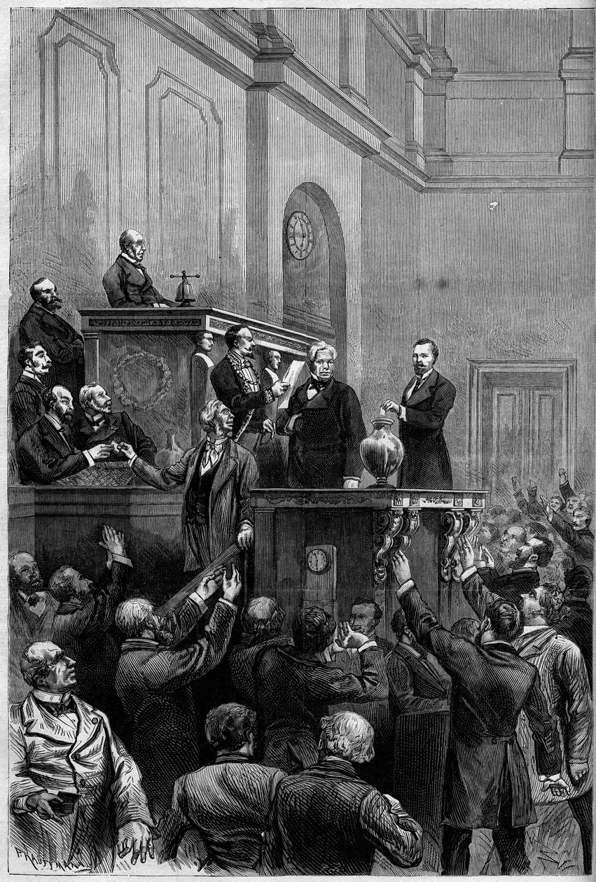 Franska presidentvalet, 30 januari 1879: efter Mac Mahons (Mac-Mahon) avgång, röstade parlamentariker för att välja en ny president för republiken. Gravyren föreställer Jules Armand (Jules-Armand) Dufaure (1798-1881) som lägger sin röstsedel av French School